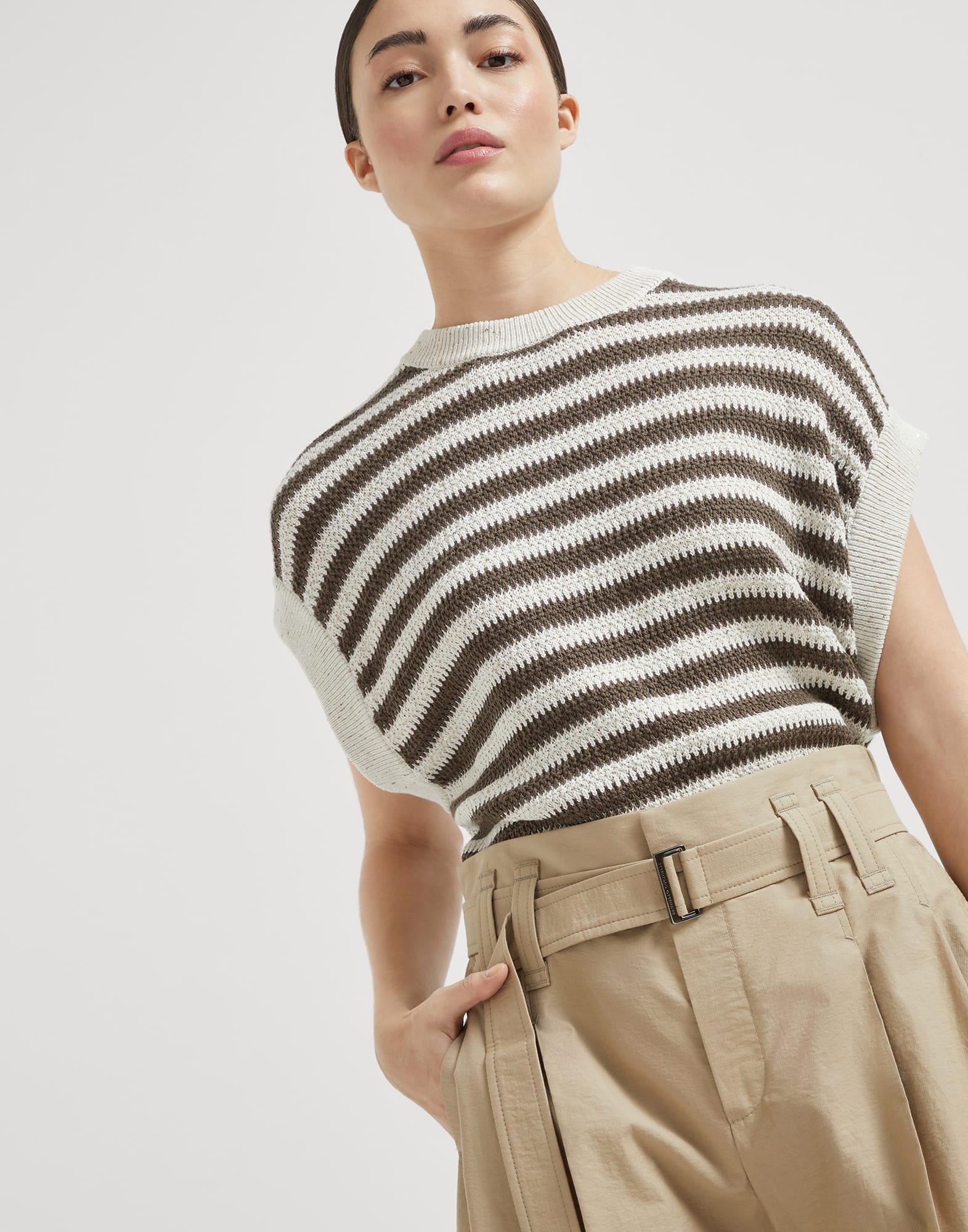 Techno cotton texture twill cropped pleated trousers - 3