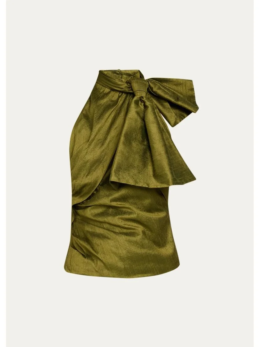 Bow-Neck Silk Halter Top - 1