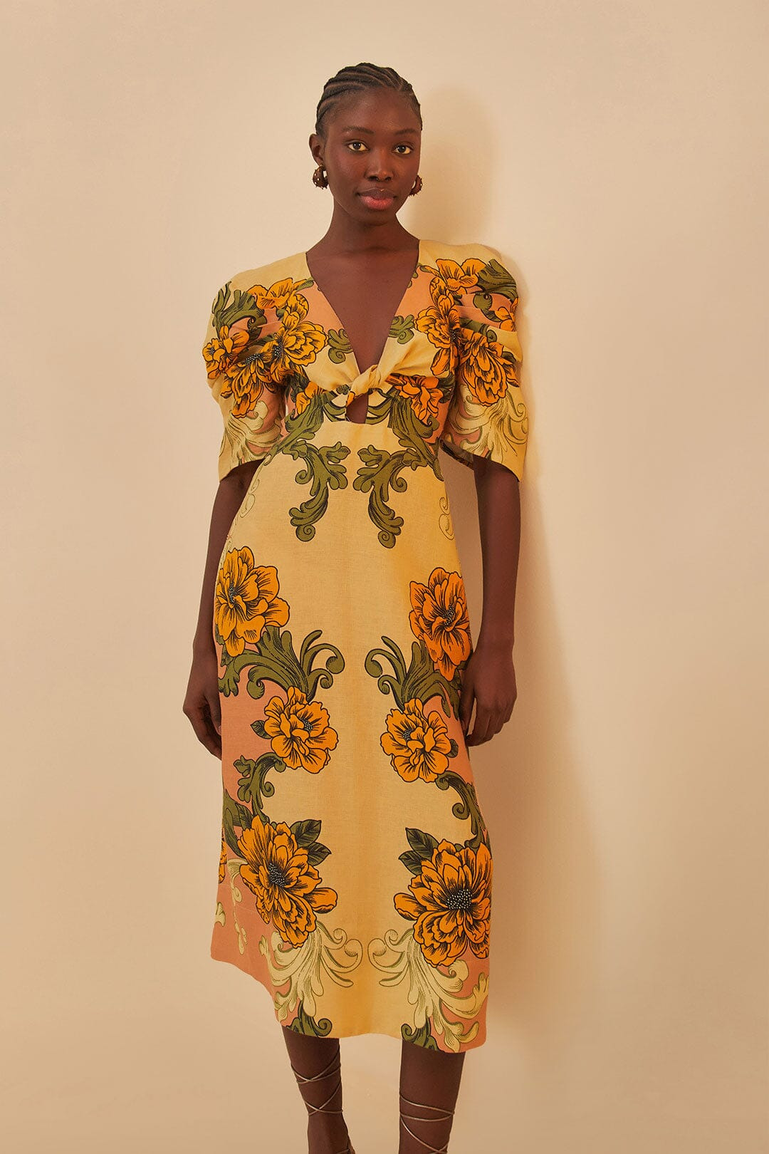 Cream Delicate Flower Arabesques Euroflax™ Premium Linen Midi Dress - 2