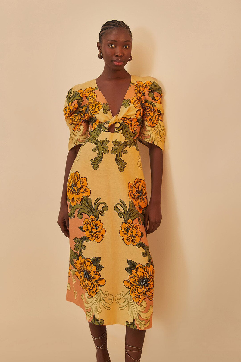 Cream Delicate Flower Arabesques Euroflax™ Premium Linen Midi Dress 2
