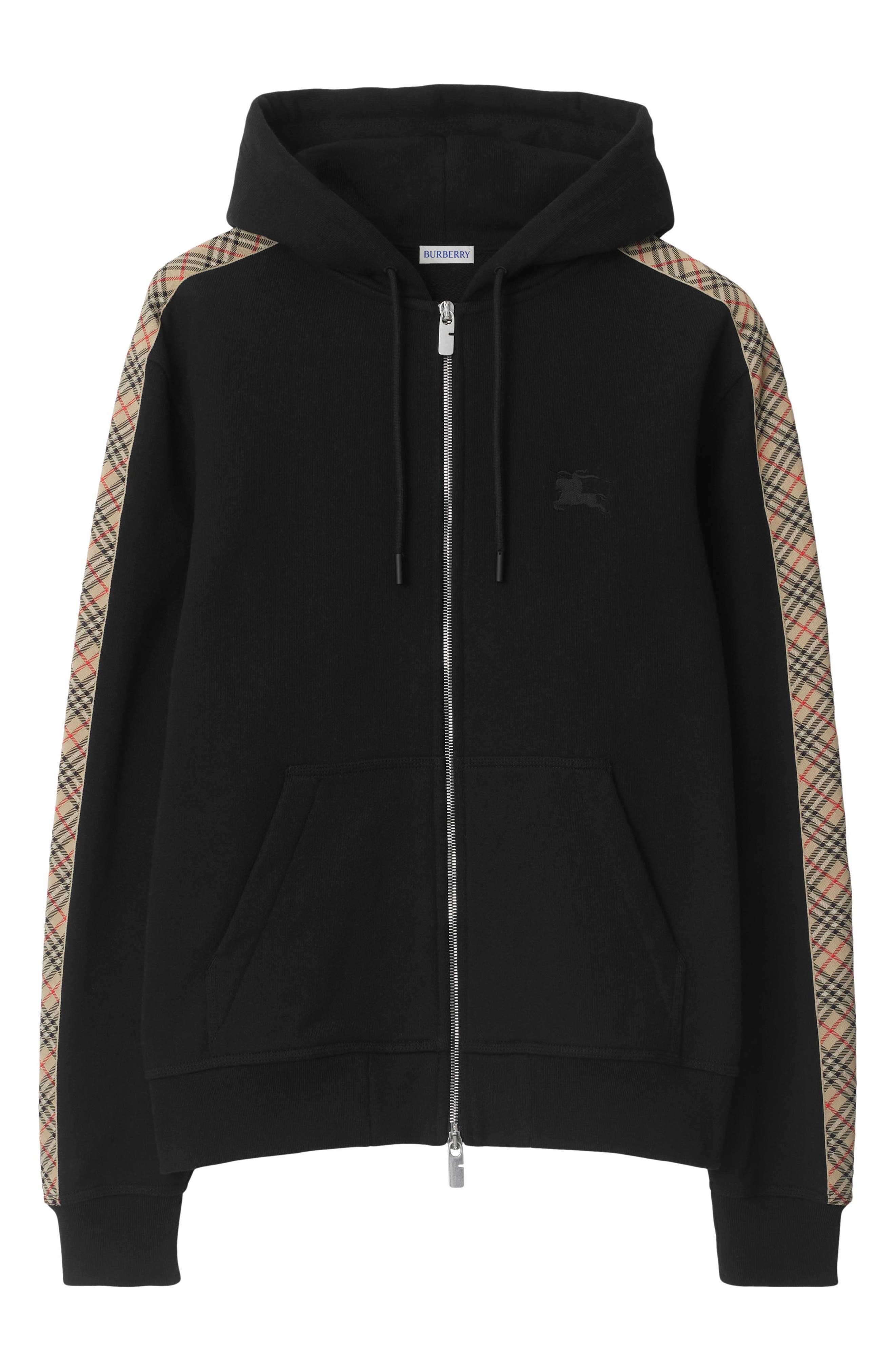 burberry EKD Embroidered Check Trim French Terry Full Zip Hoodie in Black at Nordstrom - 5