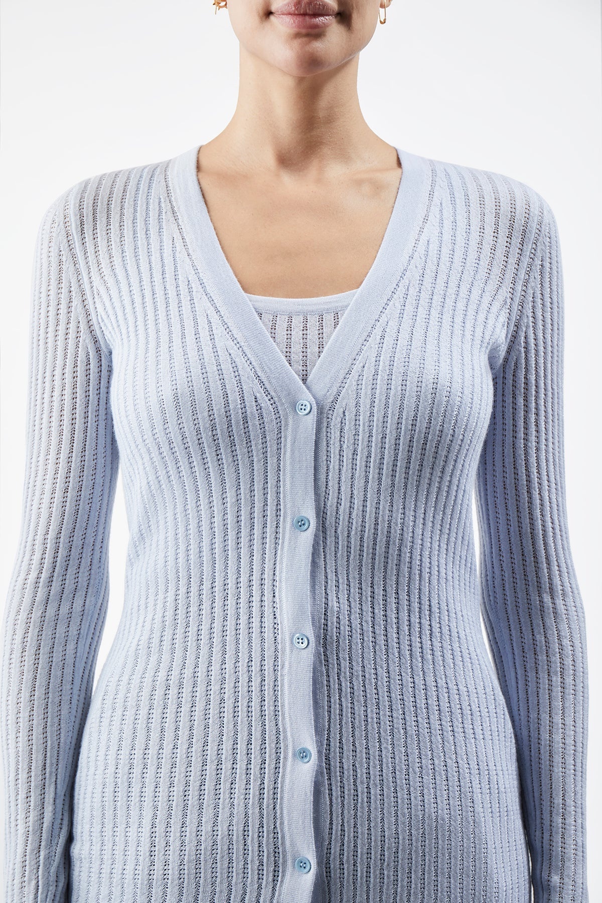 Homer Pointelle V-Neck Cardigan in Halogen Blue Silk Cashmere - 5