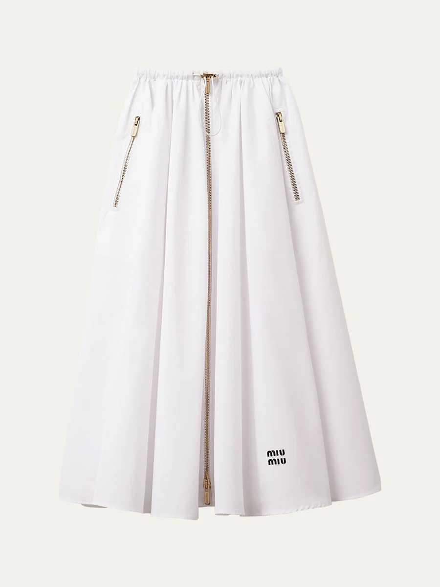 Popeline Drawstring Zip-Front Midi Skirt - 1