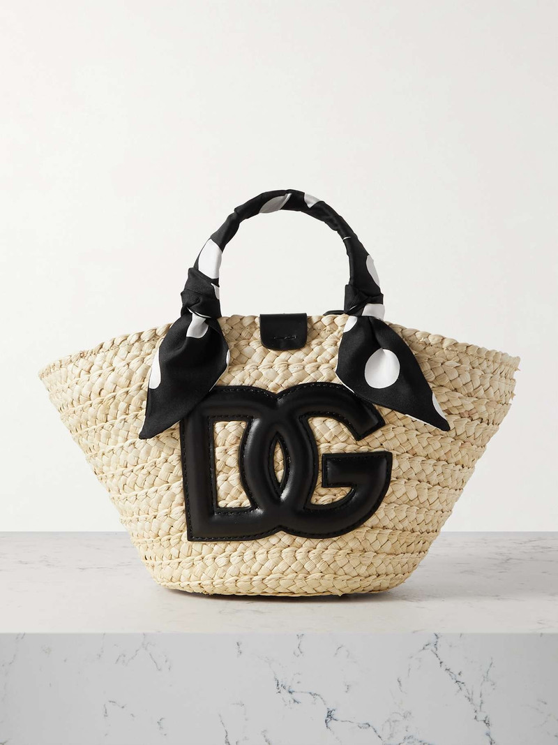 Leather and satin-trimmed raffia tote 1
