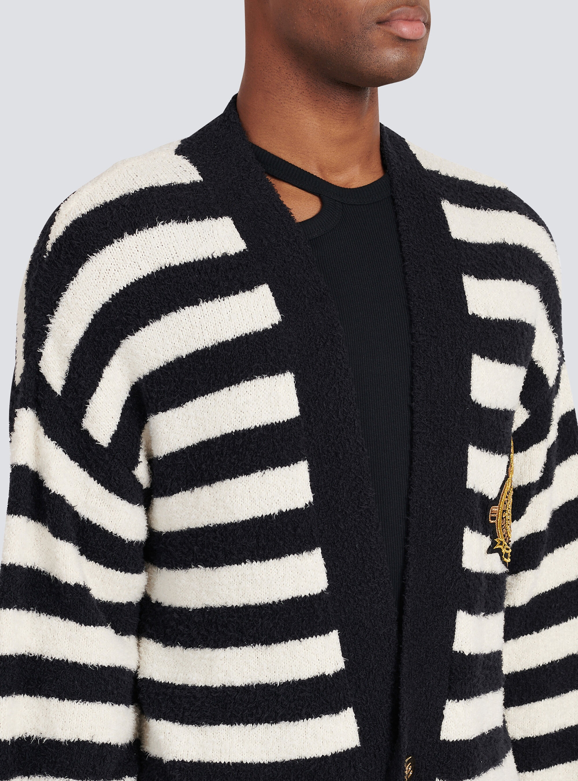 Cotton cardigan with strippes and Balmain badge - 7