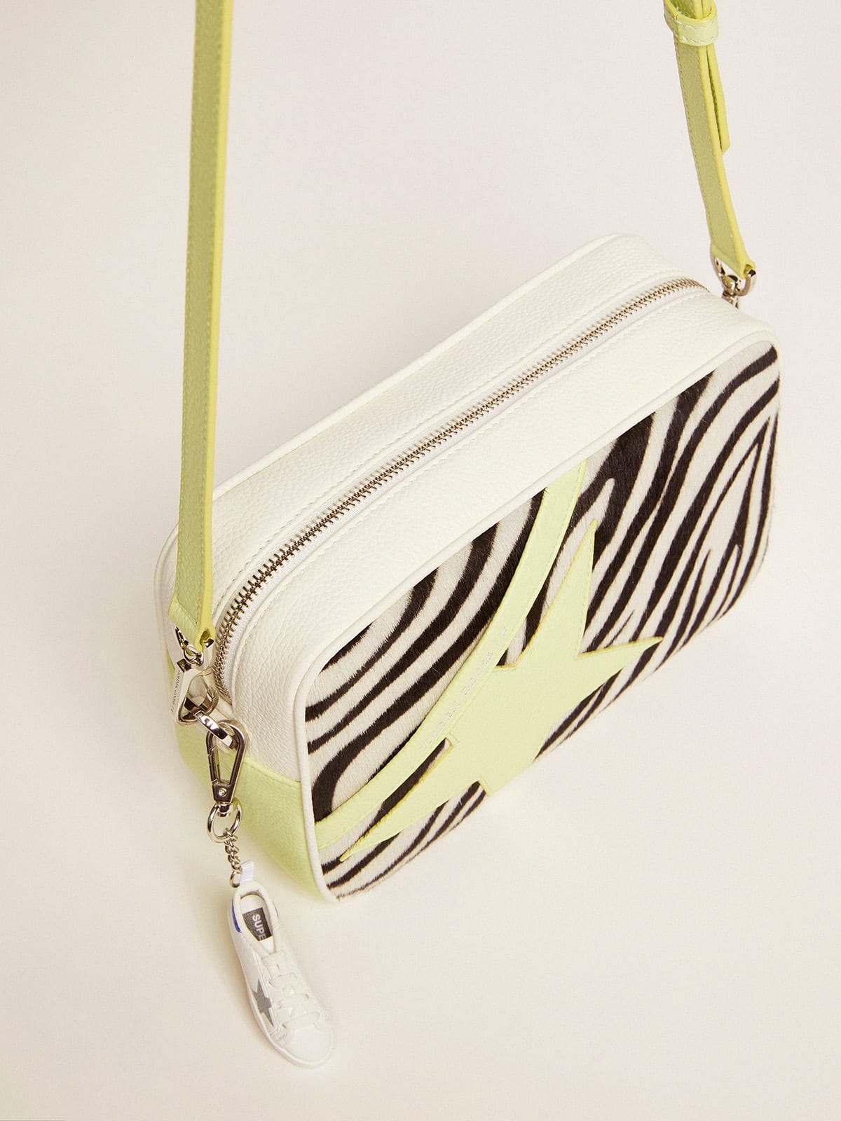 Star Bag in white and lime hammered leather with zebra-print pony skin insert and lime-colored leath - 2