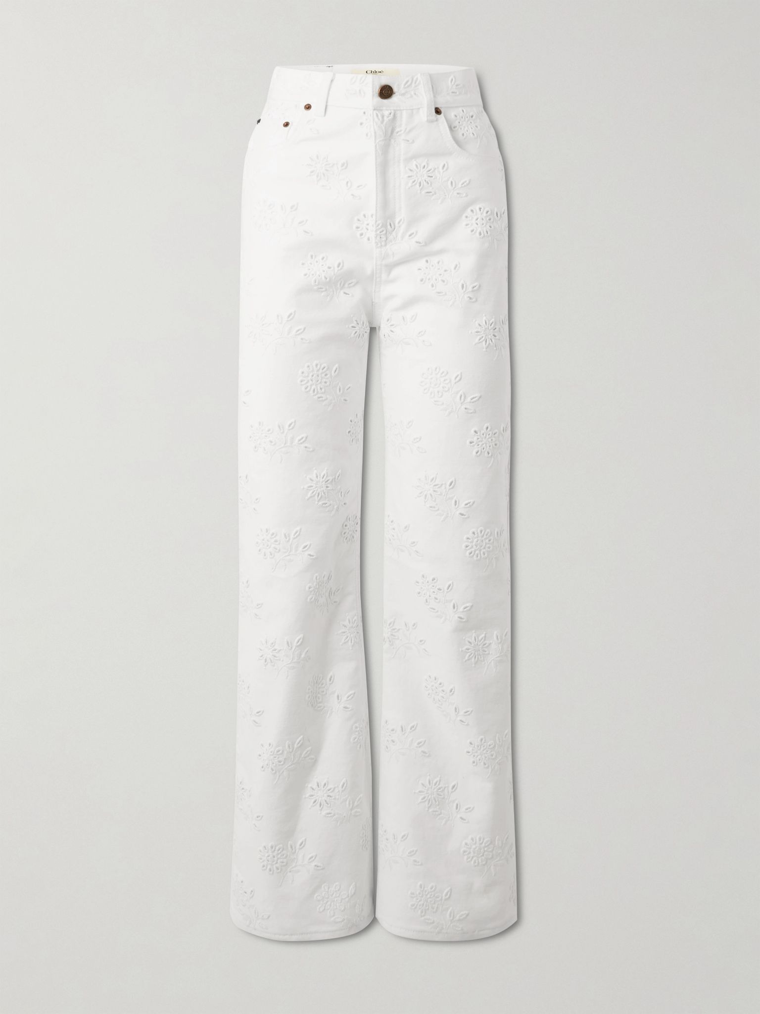 High-rise straight-leg broderie anglaise organic jeans White - 1