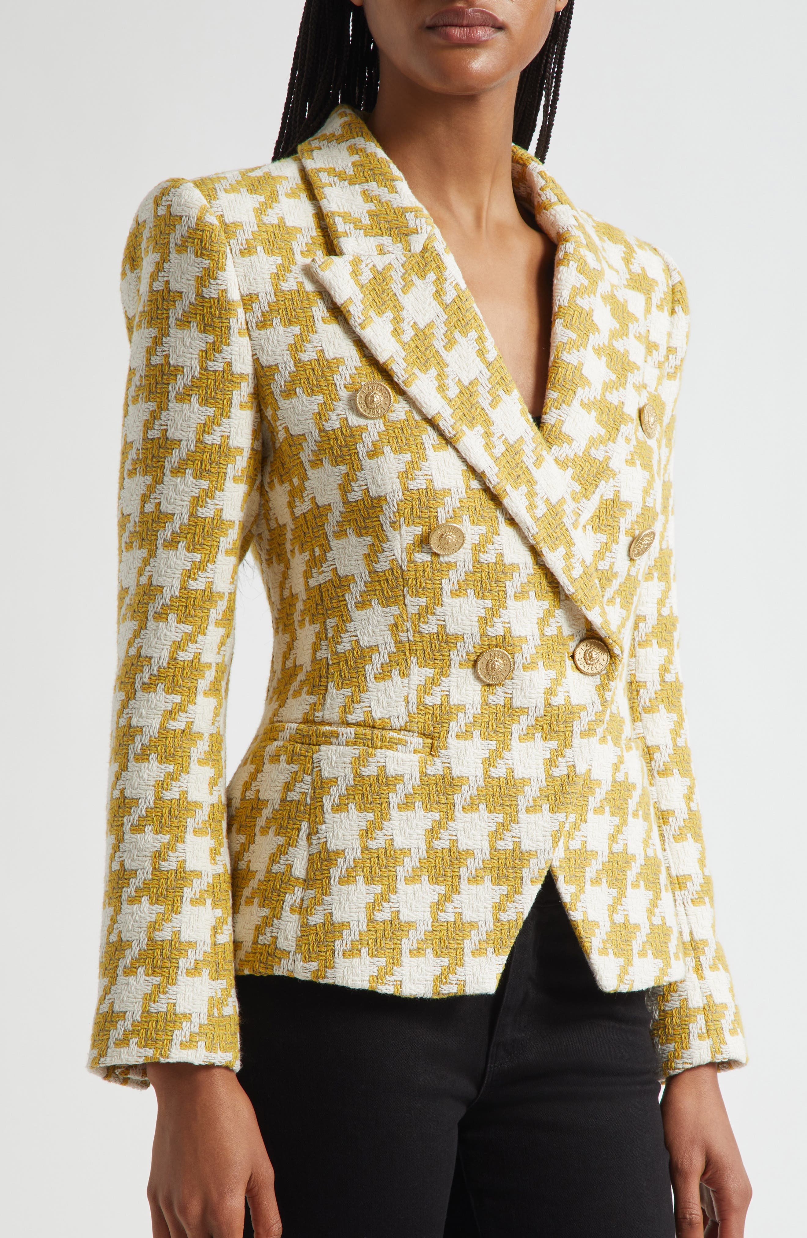 L'AGENCE Marie Houndstooth Tweed Double Breasted Blazer in Ceylon Yellow Houndstooth at Nordstrom - 5