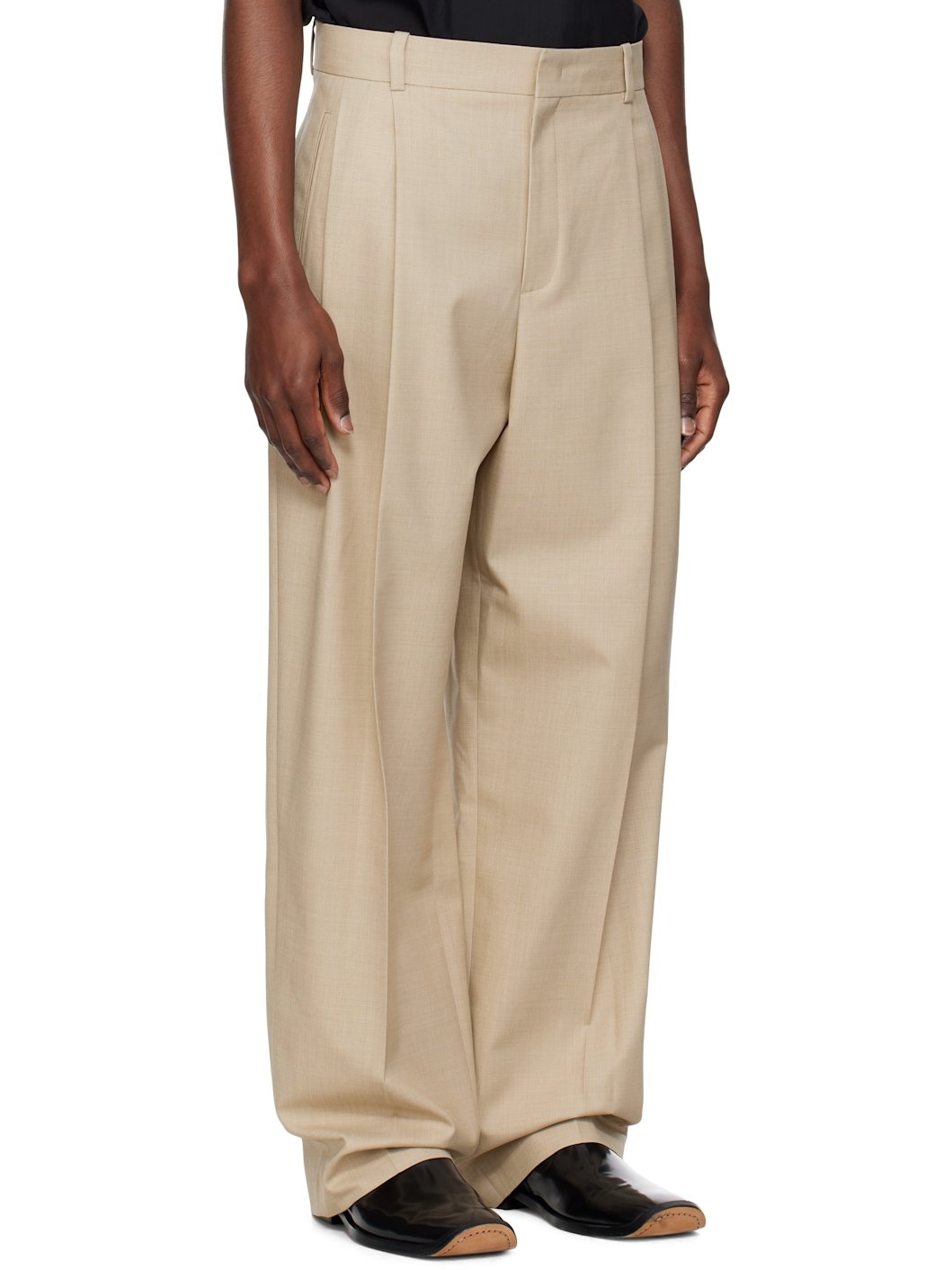 Beige Double Pleated Wide Trousers - 2