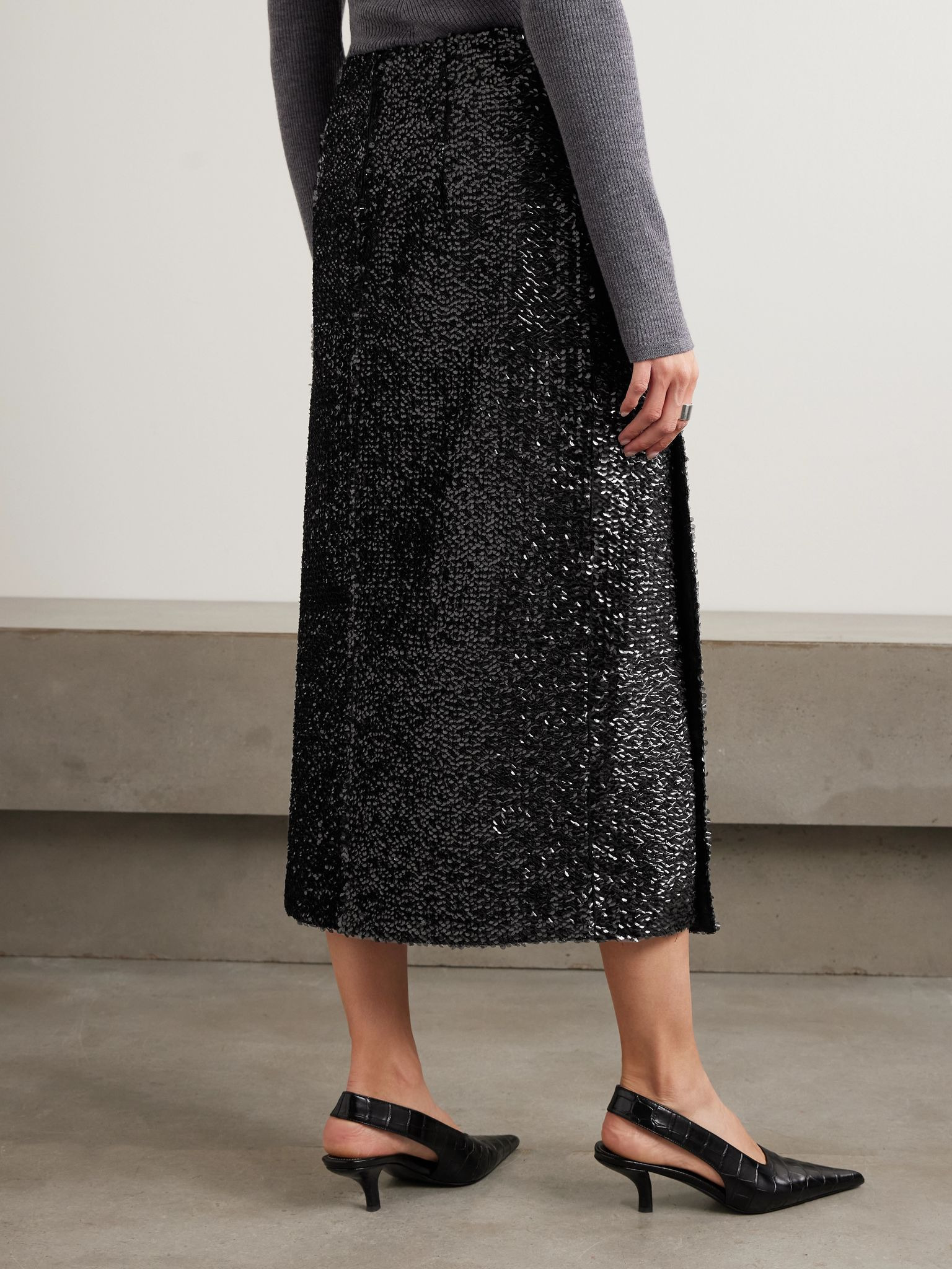 Kanji sequined crepe midi skirt Black - 3