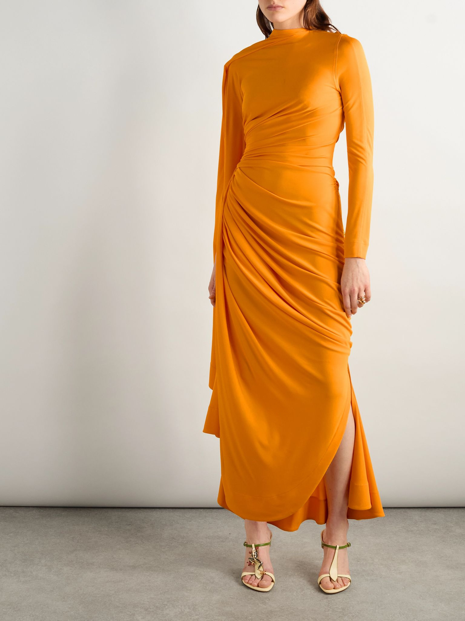Draped gathered jersey maxi dress Bright orange - 3