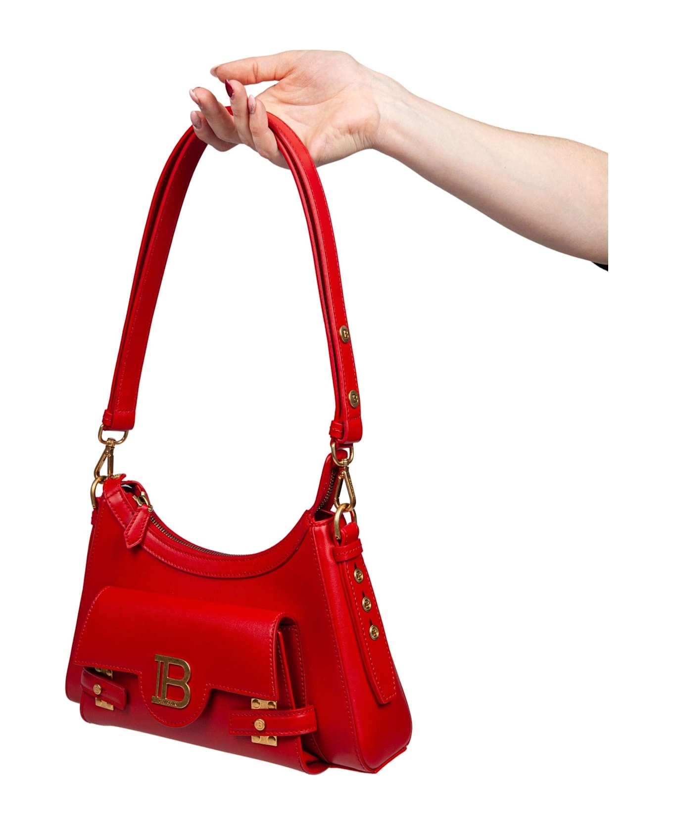 Balmain B-buzz Hobo Leather Shoulder Bag Red Color - 2
