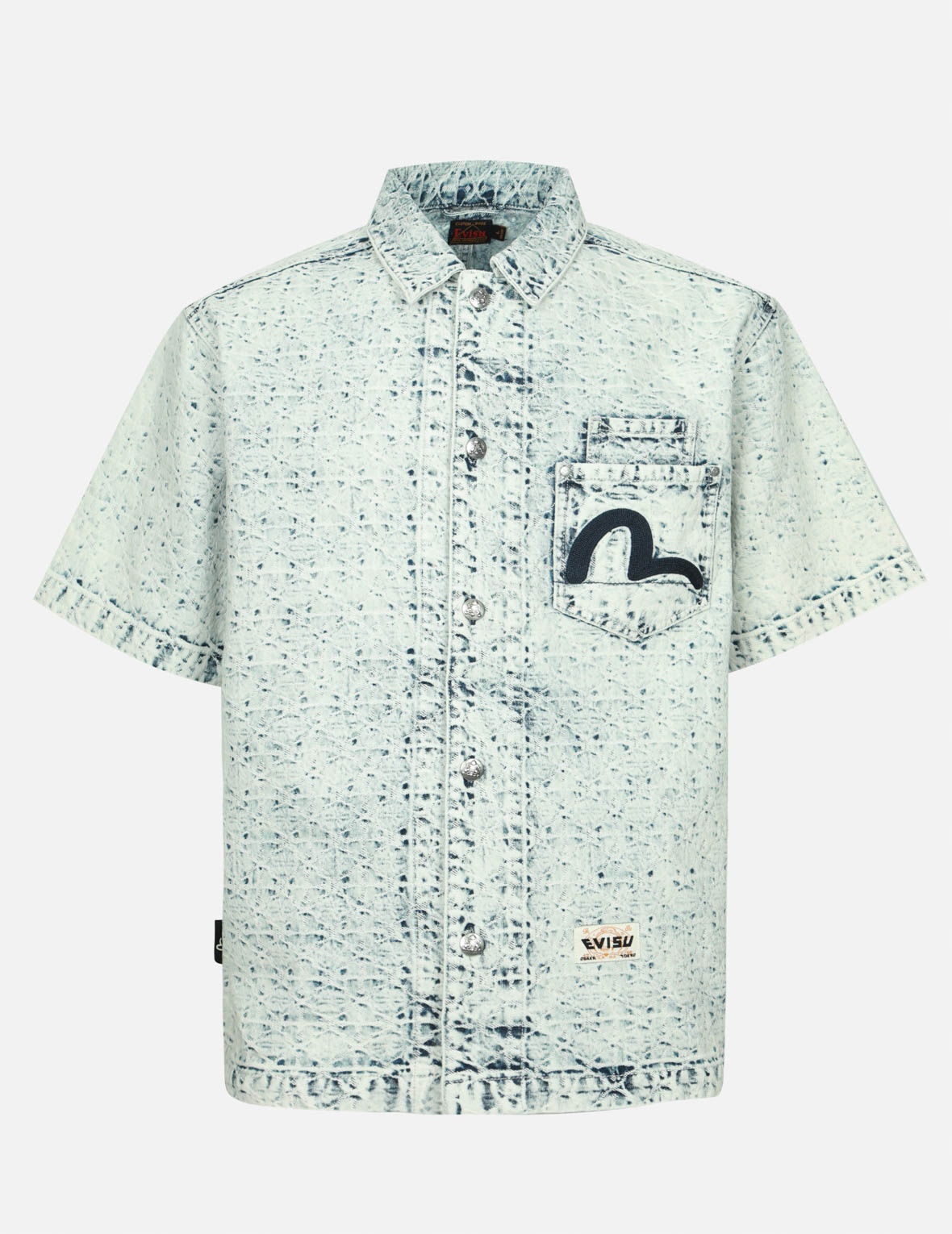 WASHED ALLOVER KAMON JACQUARD AND SEAGULL EMBROIDERY BOXY DENIM SHIRT - 1