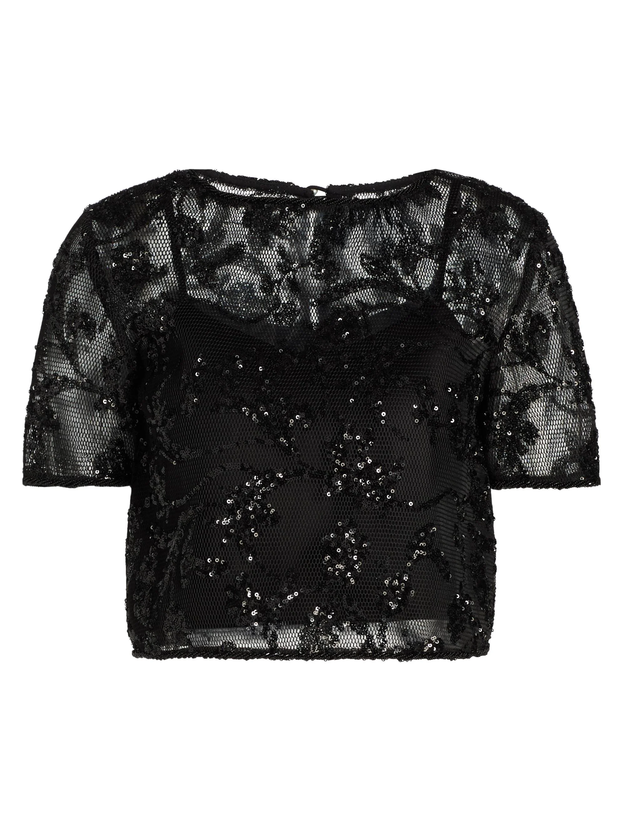 Women's Kana Sequined Floral Lace Top - Black - 1