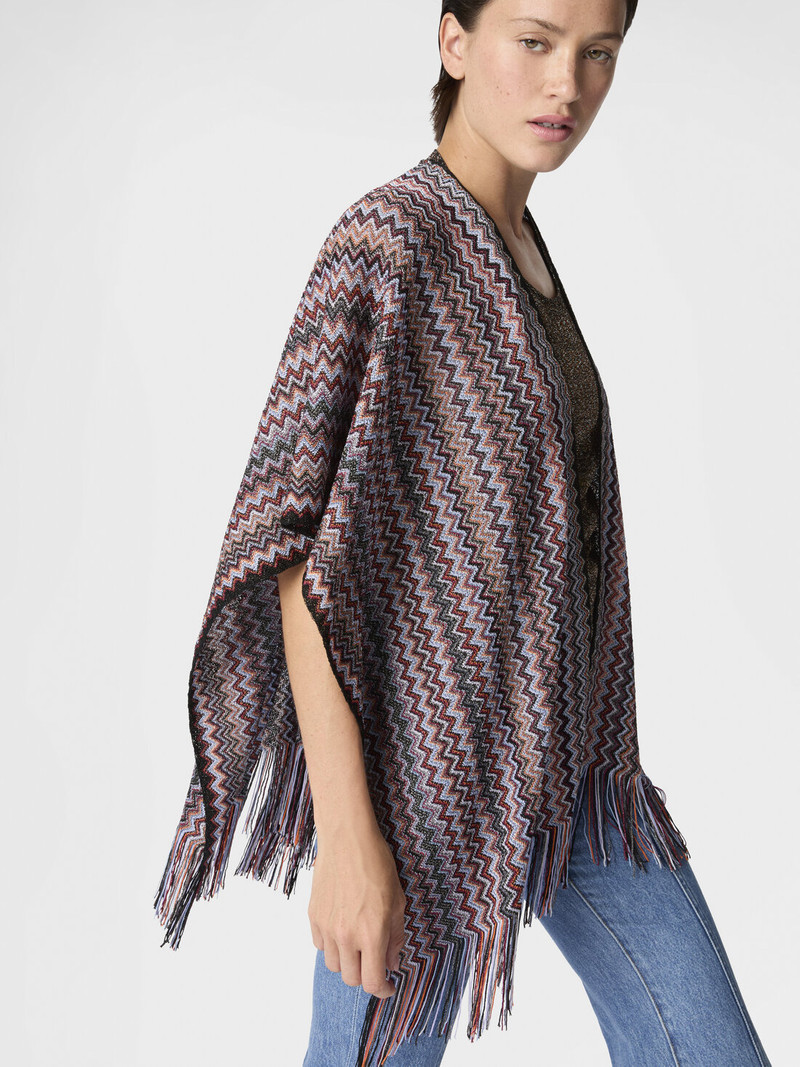 Zigzag viscose-blend poncho with fringes 3