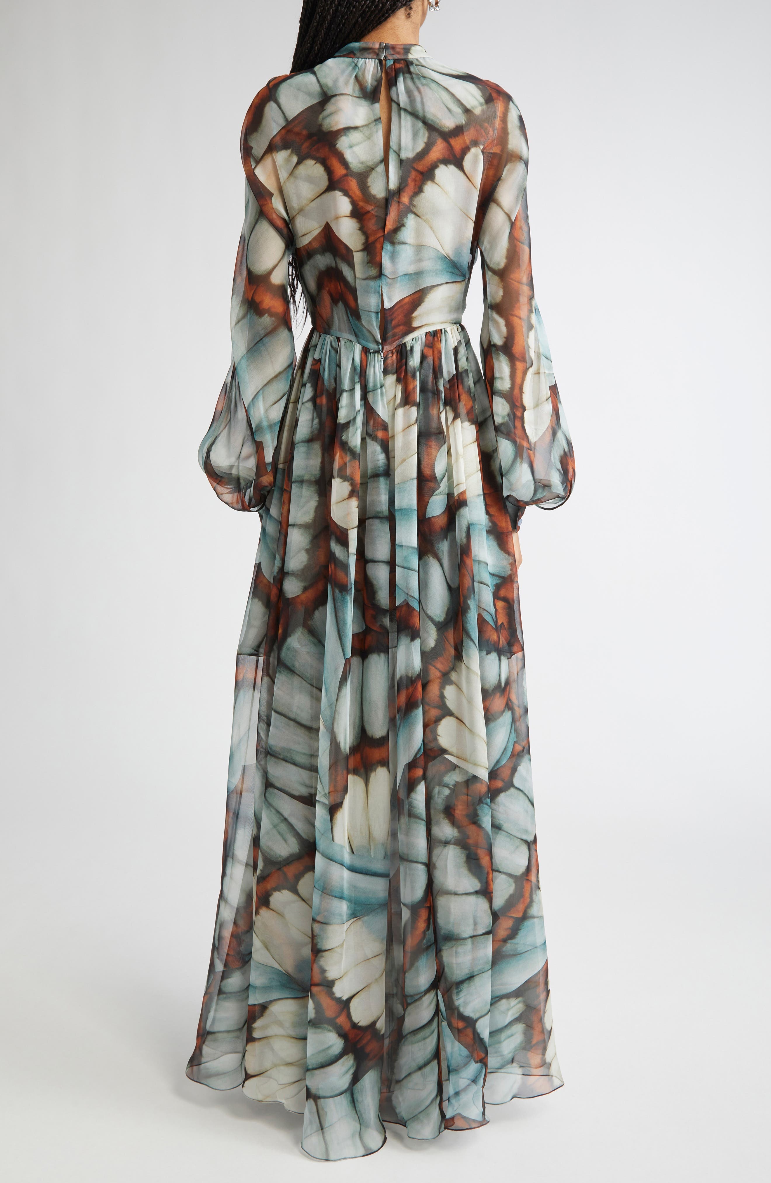 Oscar de la Renta Butterfly Print Long Sleeve Silk Chiffon Gown in Blue Multi at Nordstrom - 2