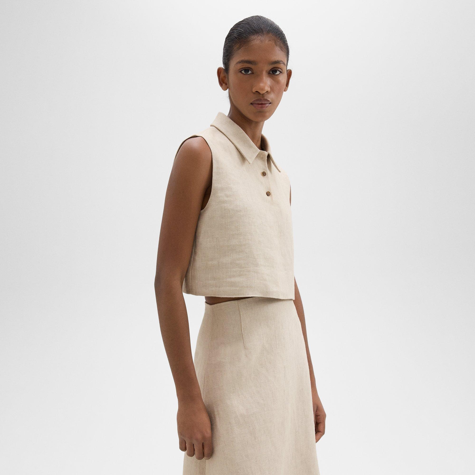 Sleeveless Polo in Basket Weave Linen - 3
