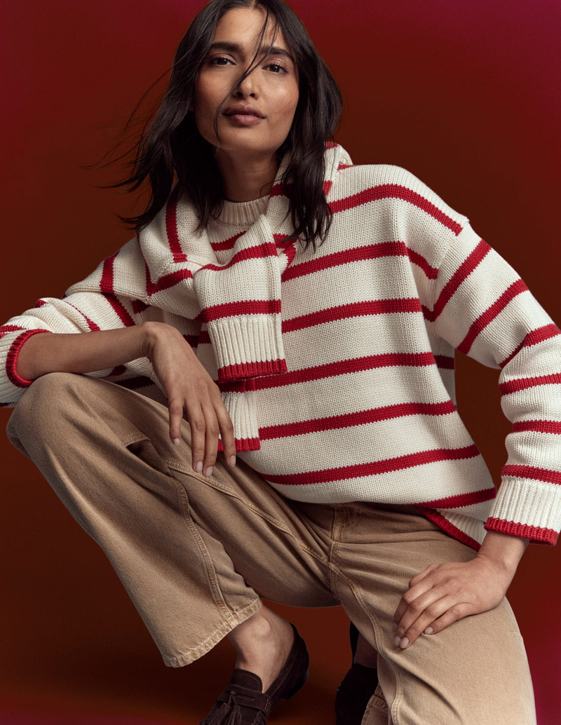 Lucy Oversized Cotton Jumper-Ivory, Red Stripe 4