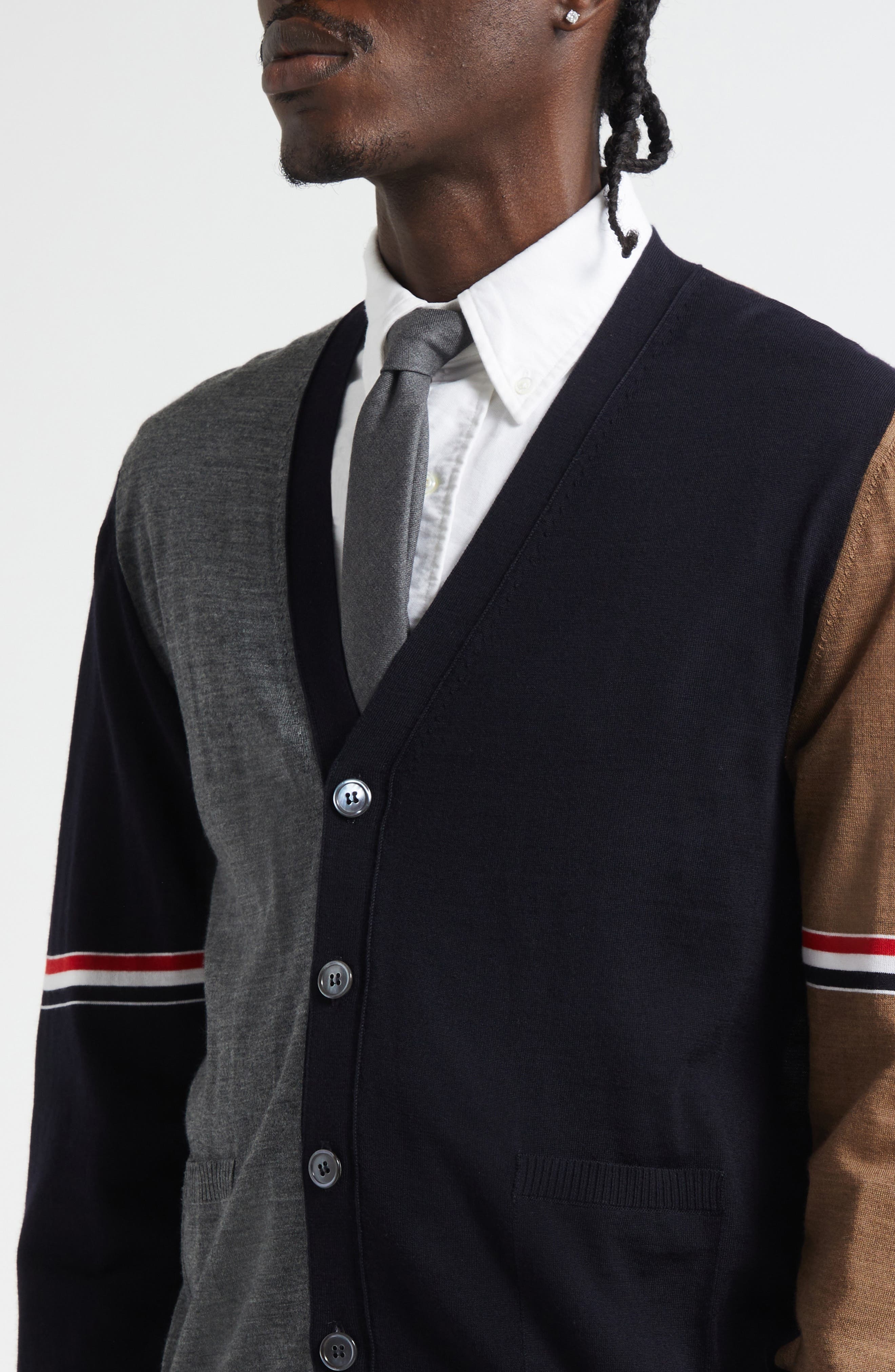 Thom Browne Fun-Mix Colorblock Relaxed Virgin Wool Cardigan in Navy/Grey/Brown at Nordstrom - 5