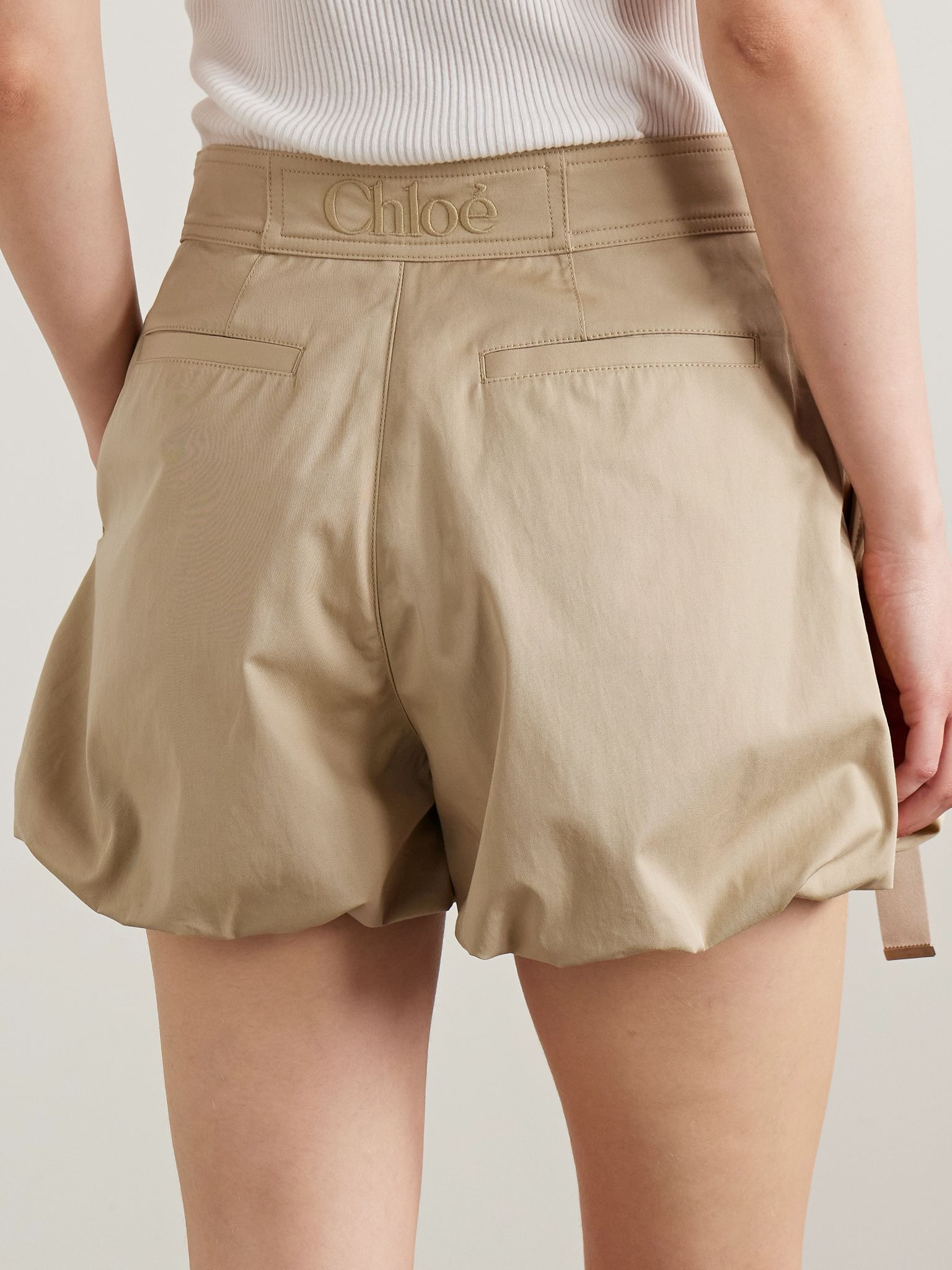 Embroidered buckled pleated cotton-poplin shorts Beige - 4