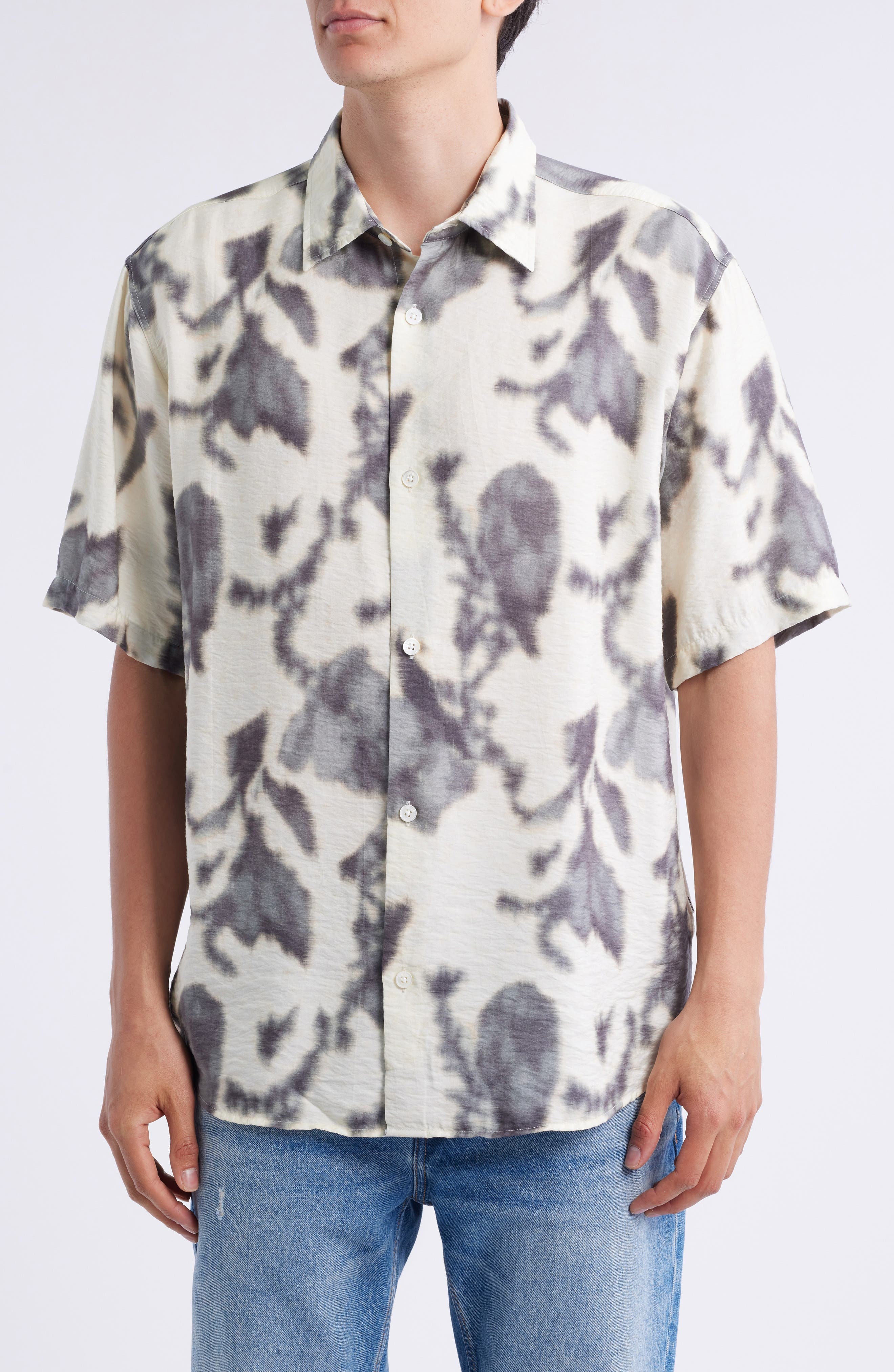 NN07 Freddy 5971 Abstract Floral Short Sleeve Modal Blend Button-Up Shirt in Ecru Print at Nordstrom - 1