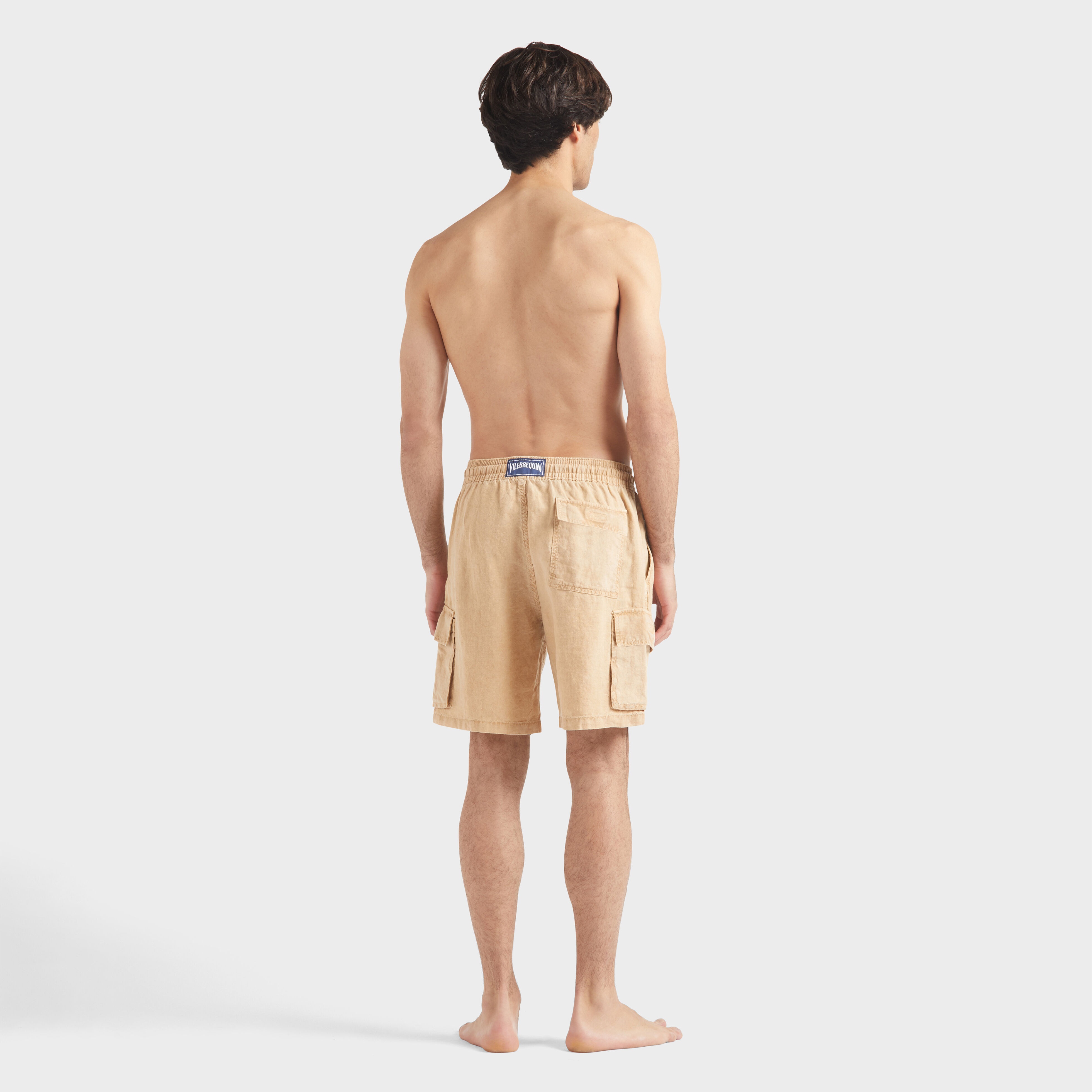 Men Linen Bermuda Shorts Cargo Pockets Natural Dye - 4