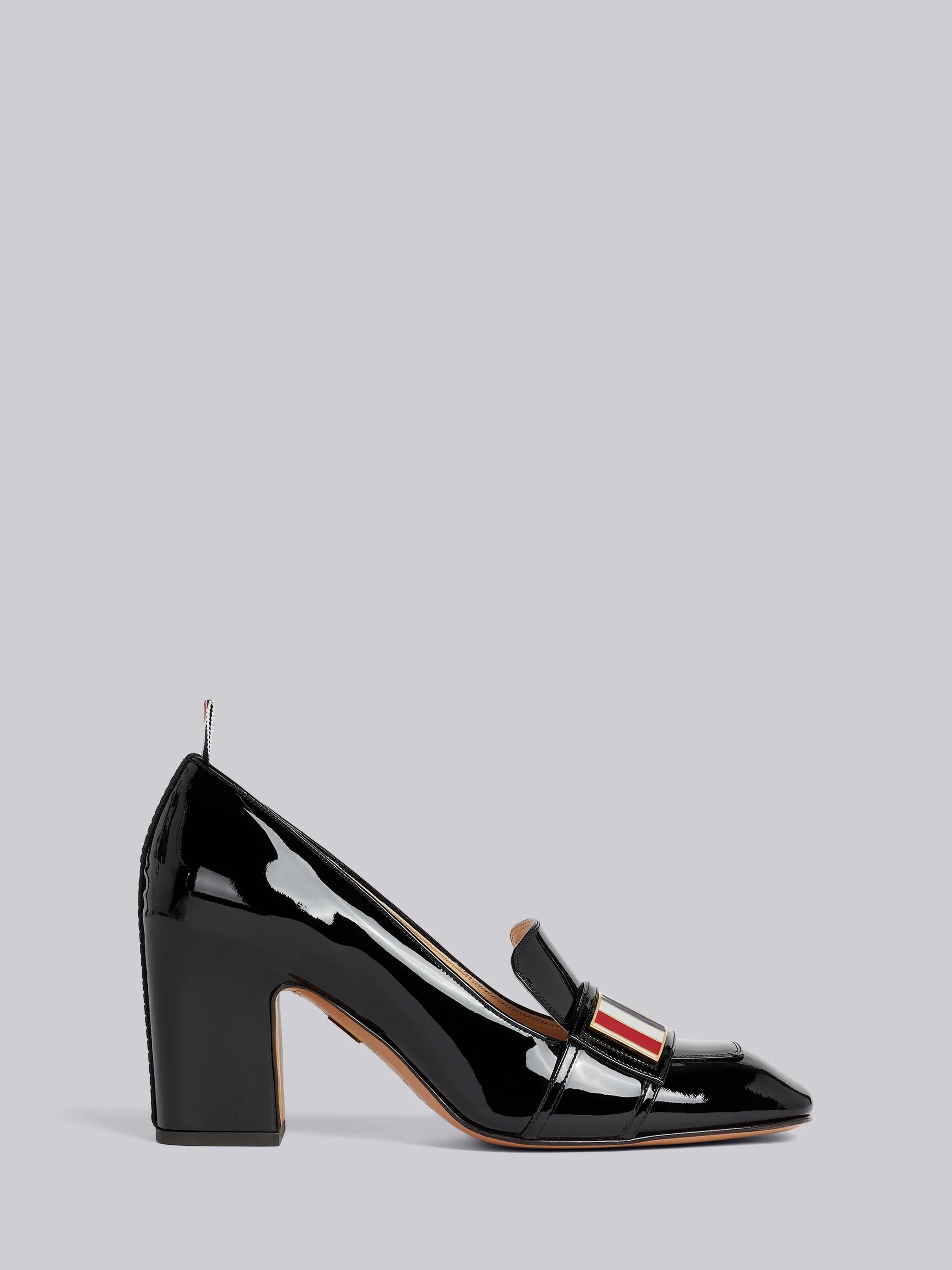 Black Soft Patent Leather Striped Enamel Strap Detail Block Heel Loafer - 1