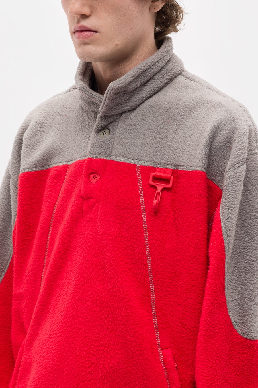 Sherpa Fleece Collared Pullover in Red/Grey - 4
