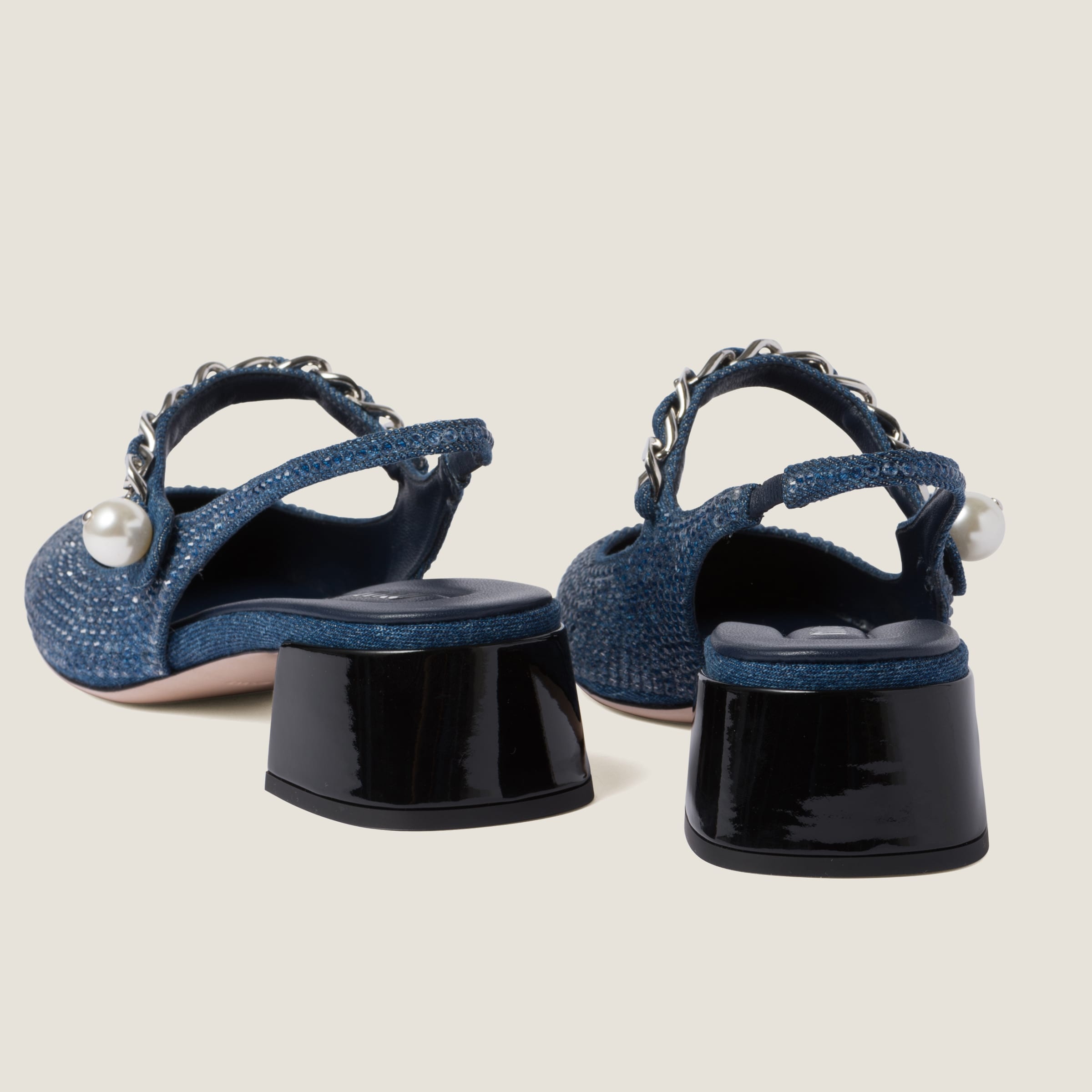 Denim and patent leather slingback pumps with artificial crystals - 3
