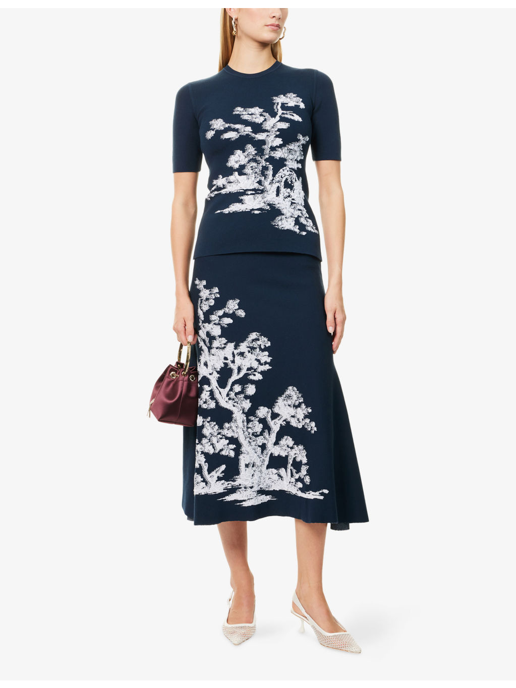 Tree-Print A-Line Knitted Midi Skirt - 2