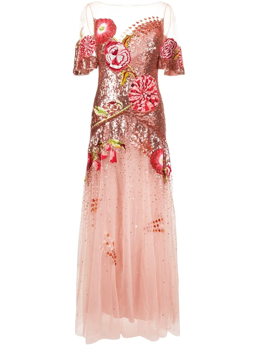 floral-embroidered sequin tulle gown - 1