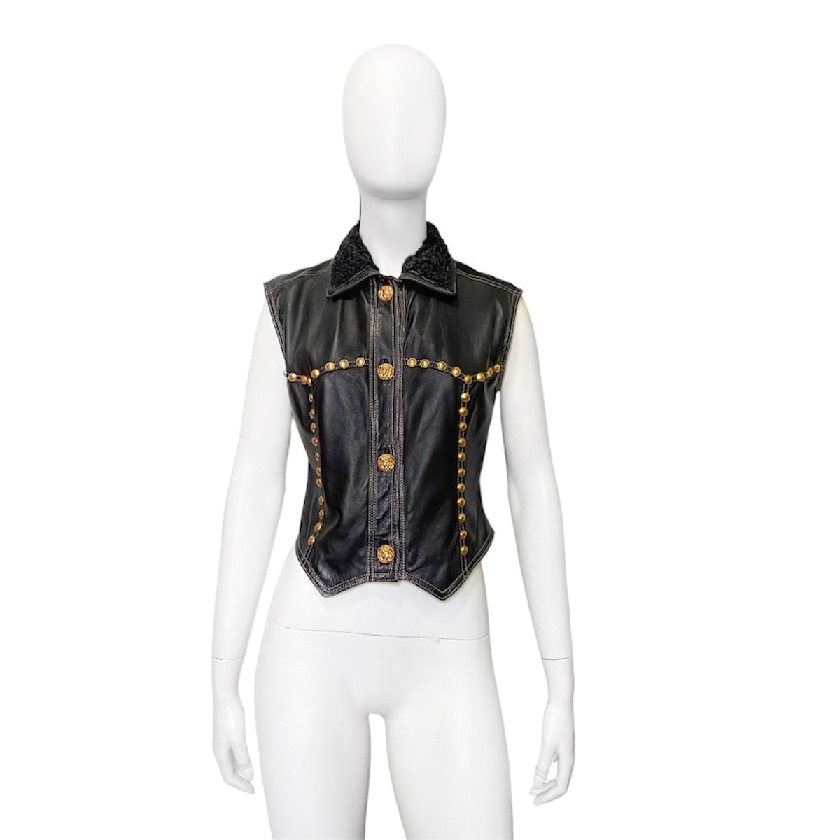 Gianni Versace Fall 1992 Midnight Cowgirl Lambskin Leather Vest with Mongolian Hair Collar and Gold  - 4