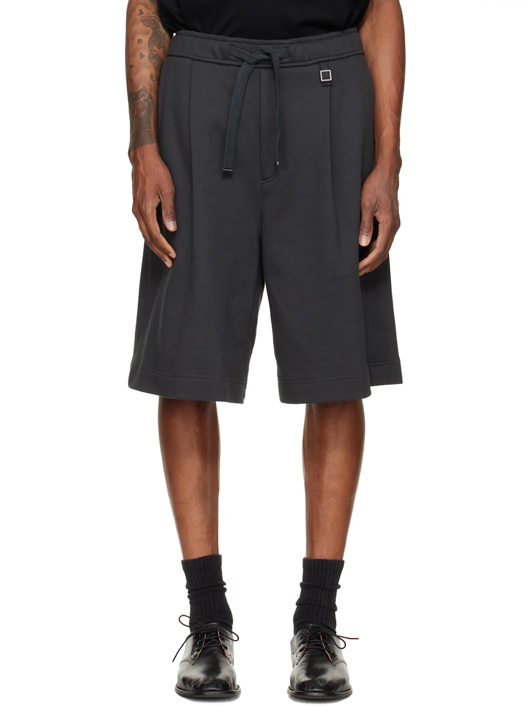 Gray Single-Pleat Cotton Shorts - 1