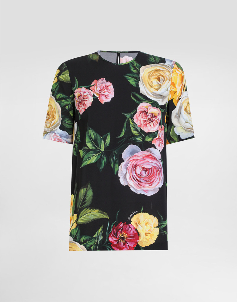 Silk charmeuse blouse with peony and rose print 1