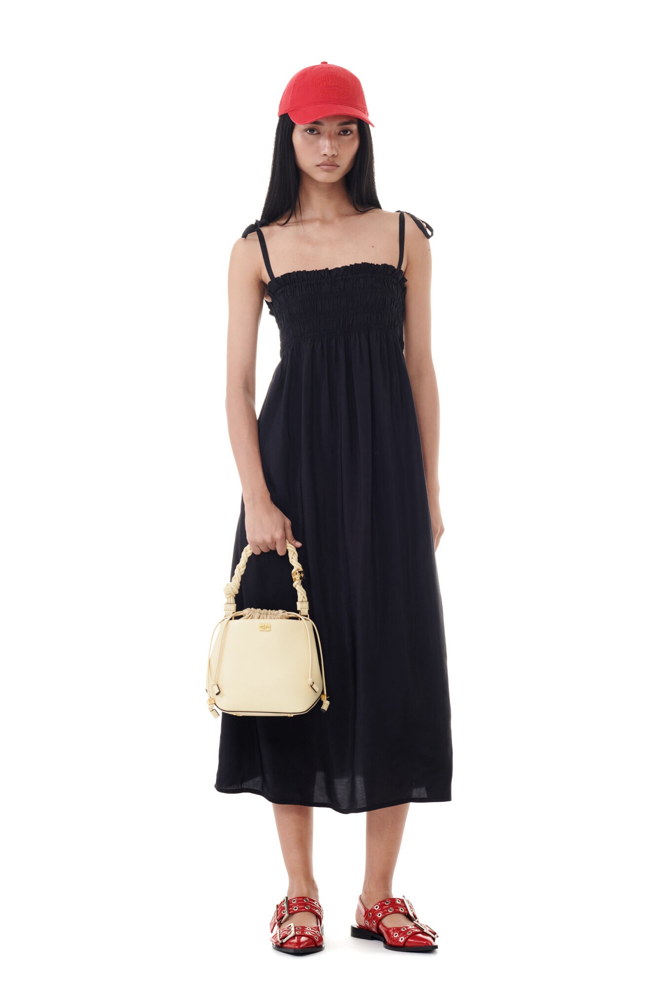 BLACK VISCOSE HABOTAI MIDI SMOCK STRAP DRESS - 2