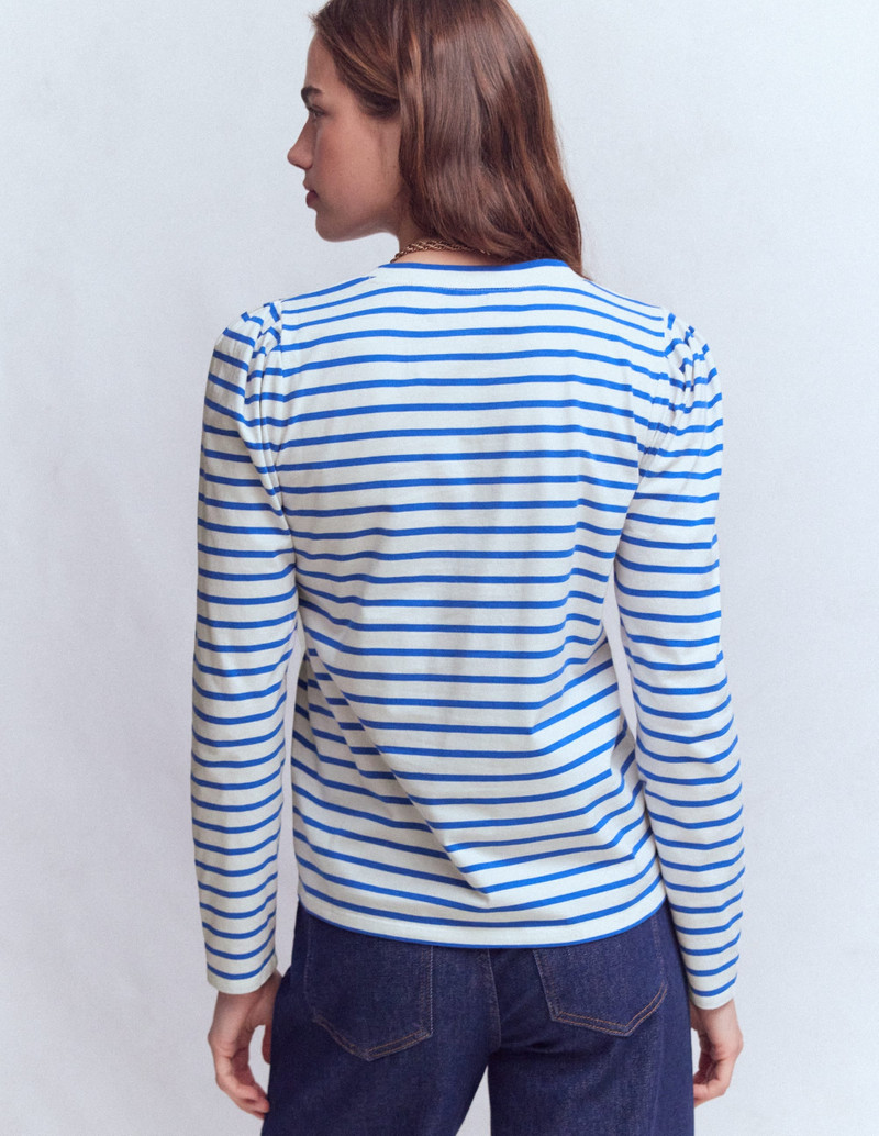 Pleat Sleeve Stripe Top-Beaucoup Blue and Ivory Stripe 5