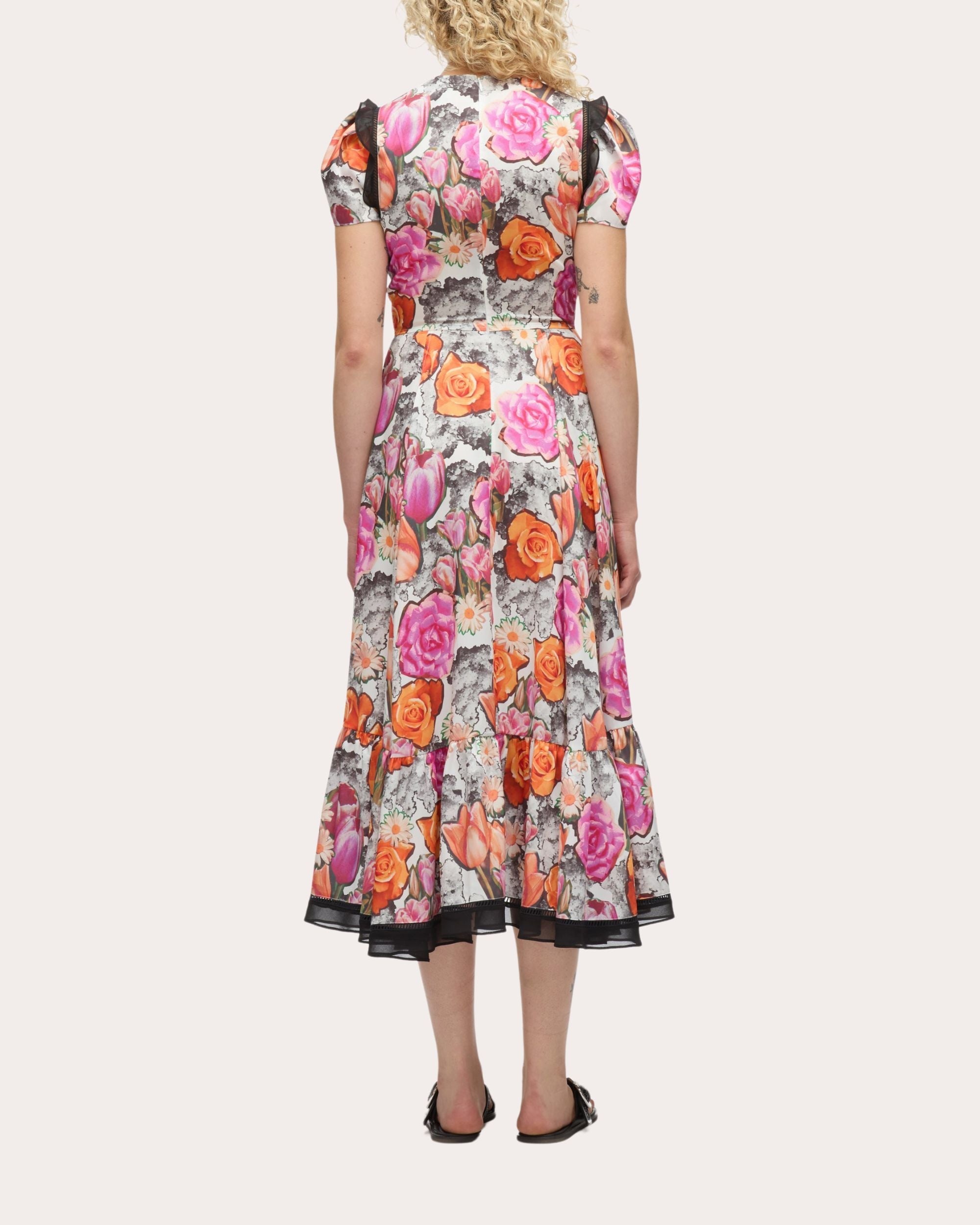Floral Satin Tulip-Sleeve Ruched Midi Dress - 2