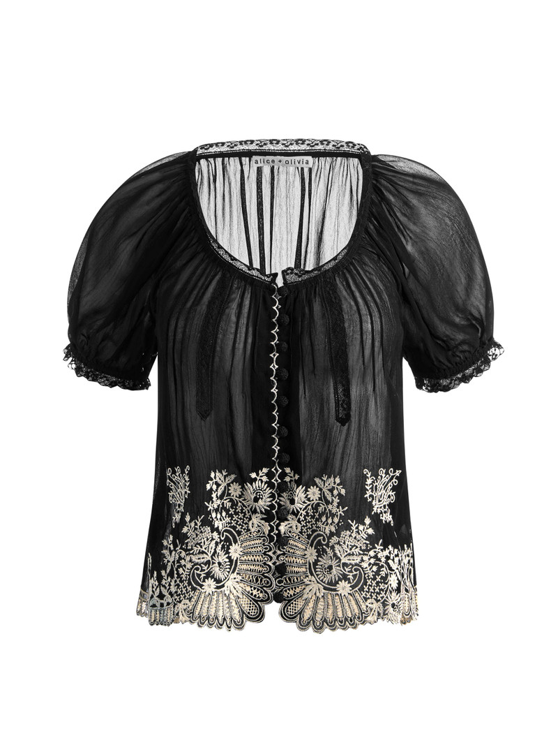 ODETTE EMRBOIDERED PUFF SLEEVE TOP - BLACK/VANILLA 1