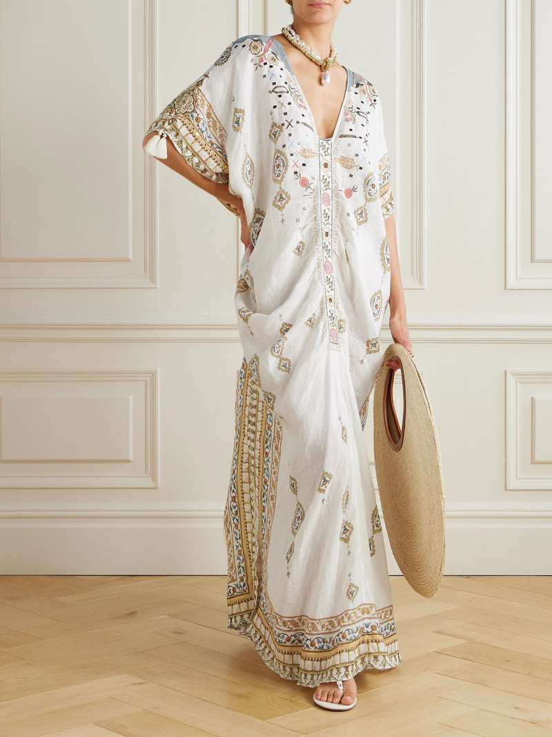 CAMILLA Tasseled embroidered printed linen kaftan Cream outlook
