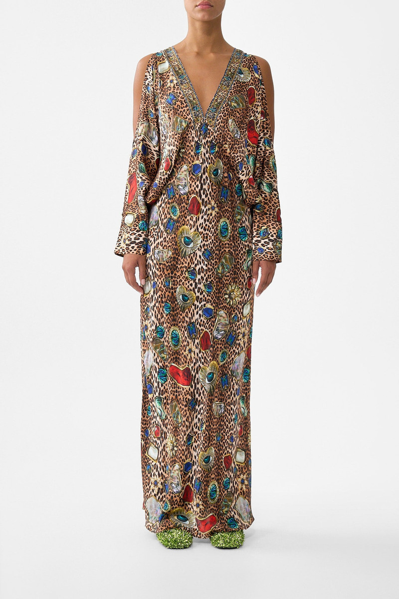 CAMILLA PLUNGE NECK DRAPED SHOULDER DRESS outlook