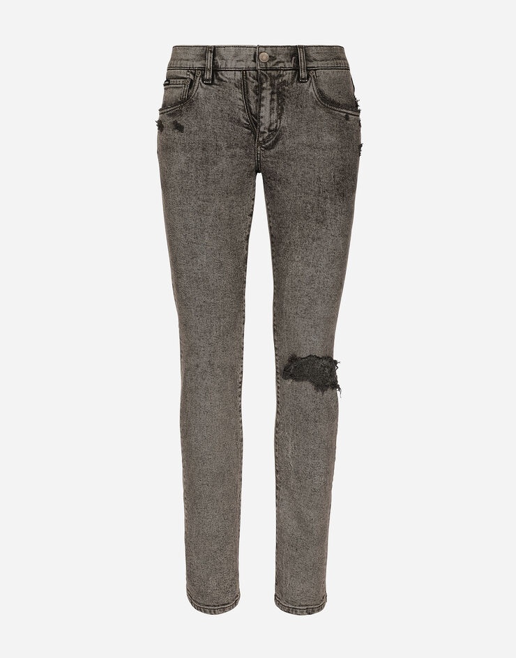 Light gray slim-fit stretch jeans with rips - 1