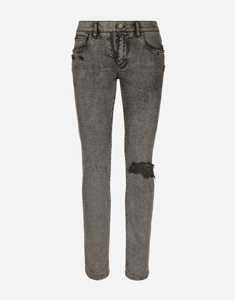 Light gray slim-fit stretch jeans with rips 1