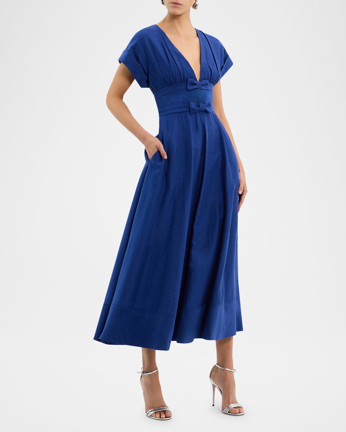 Cera Deep V-Neck Bow Midi Dress - 4
