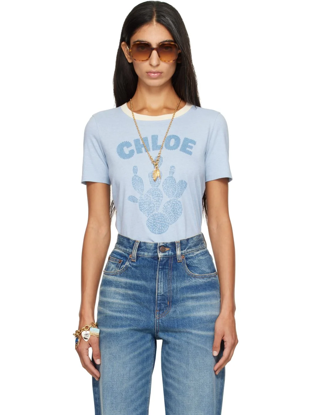 Blue Cactus Print Cotton Jersey T-shirt - 1