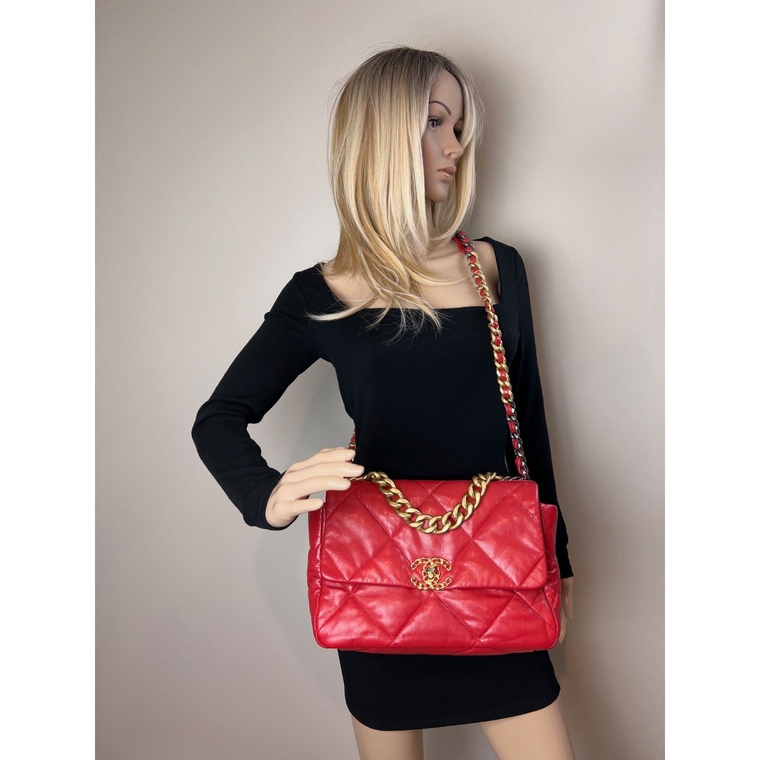 Chanel 19 Large Quilted Goatskin Silver and Gold Red Flap Bag - 13