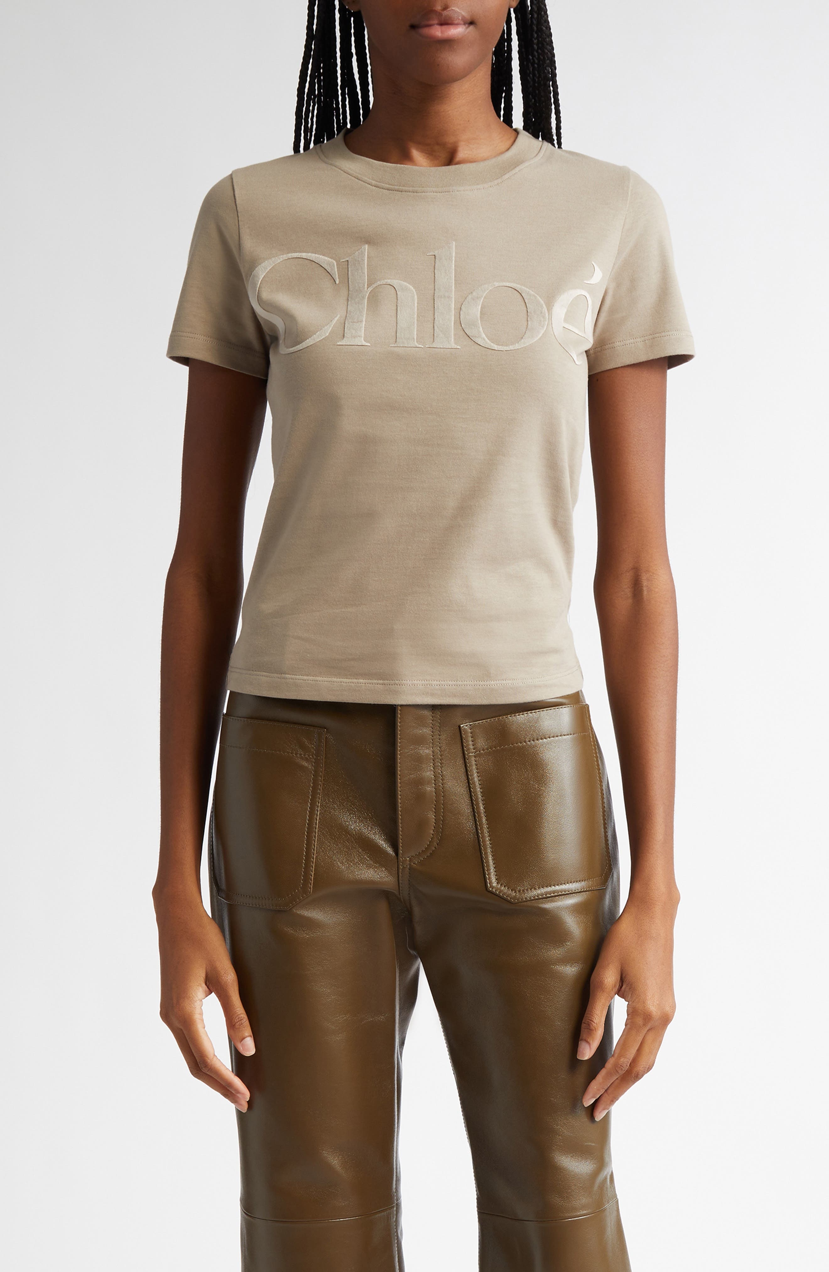 Chloé Logo Appliqué Cotton T-Shirt in Powder Grey at Nordstrom - 1