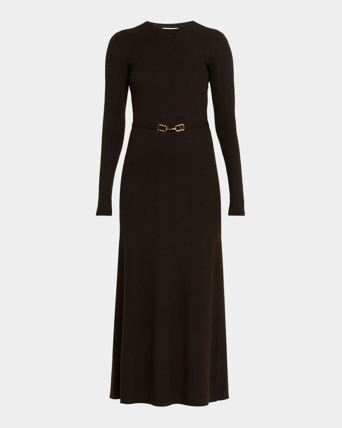 Imagene Ribbed Long-Sleeve Midi Dress With Belt - 1