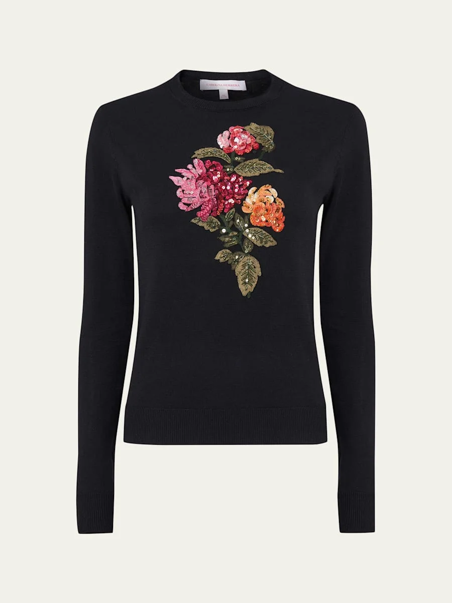 Floral Embroidered Silk-Cotton Crewneck Sweater - 1