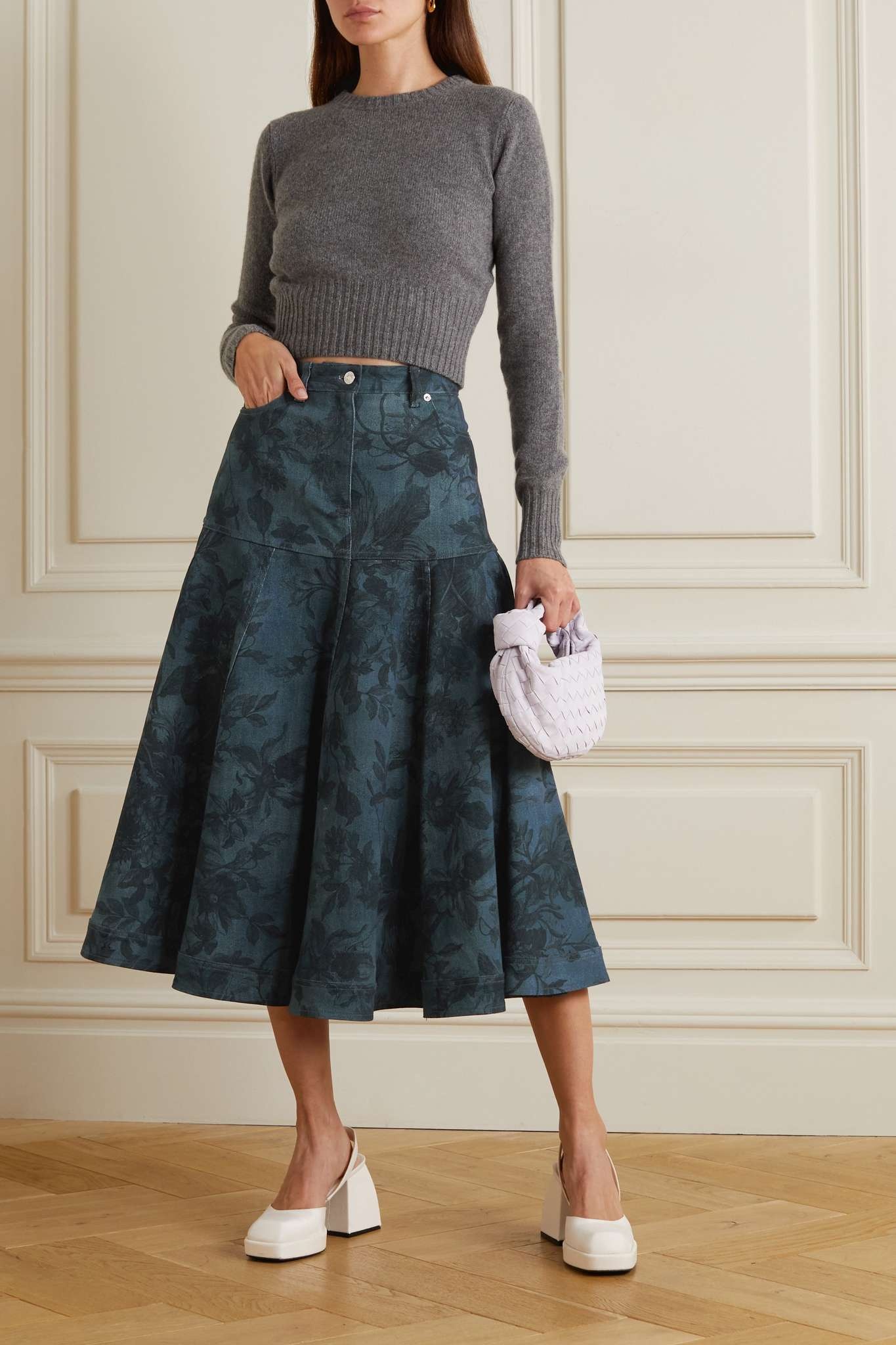 Lacey floral-print denim midi skirt - 4