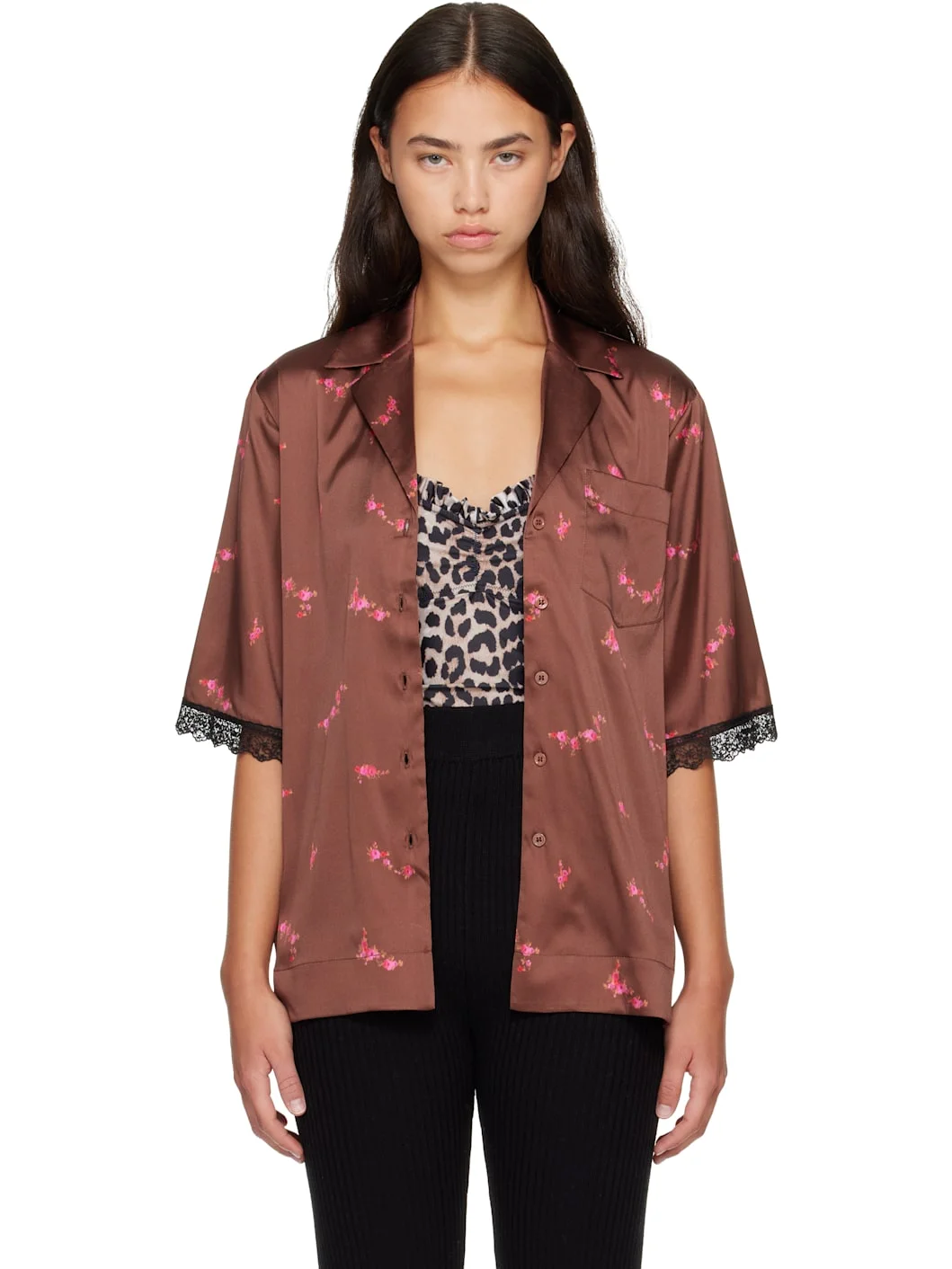 Brown Printed Sandwashed Silk Satin Bowling Shirt - 1